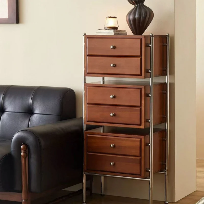 Contemporary Retro Square Solid Wood Stainless Steel Storage Cabinet 6-Drawer For Living Room