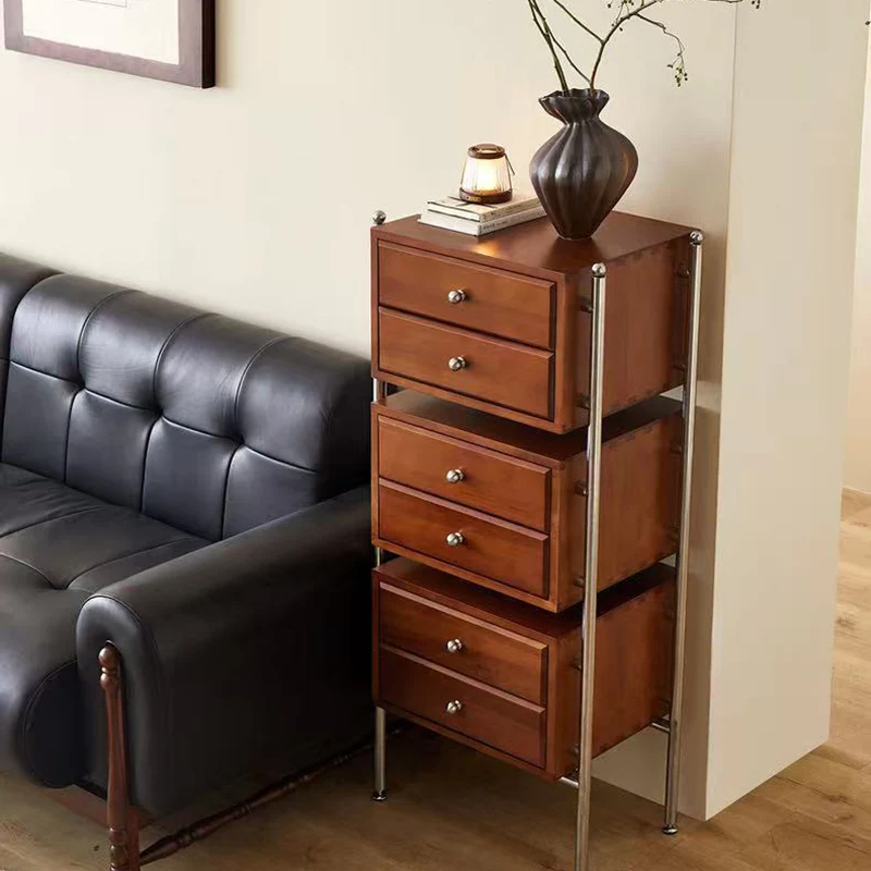 Contemporary Retro Square Solid Wood Stainless Steel Storage Cabinet 6-Drawer For Living Room