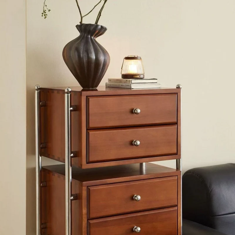 Contemporary Retro Square Solid Wood Stainless Steel Storage Cabinet 6-Drawer For Living Room