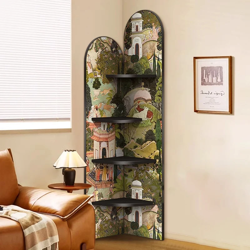Traditional Chinese Rounded Corner Design Crystal-Finish Surface MDF Corner Shelf Unit 4-Tier For Living Room