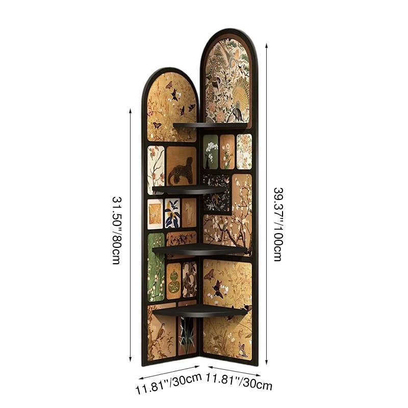 Traditional Chinese Rounded Corner Design Crystal-Finish Surface MDF Corner Shelf Unit 4-Tier For Living Room