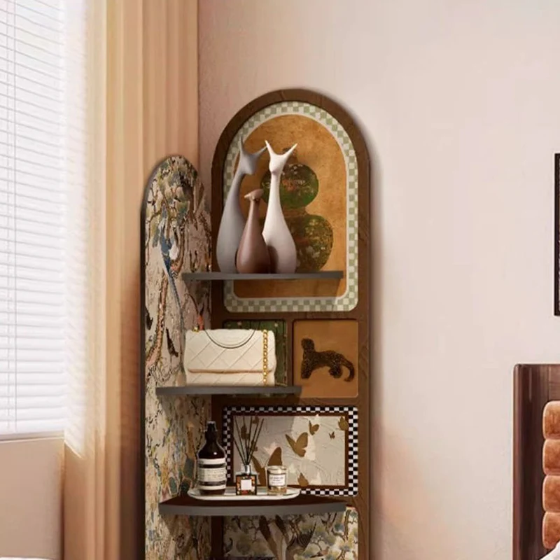 Traditional Chinese Rounded Corner Design Crystal-Finish Surface MDF Corner Shelf Unit 4-Tier For Living Room