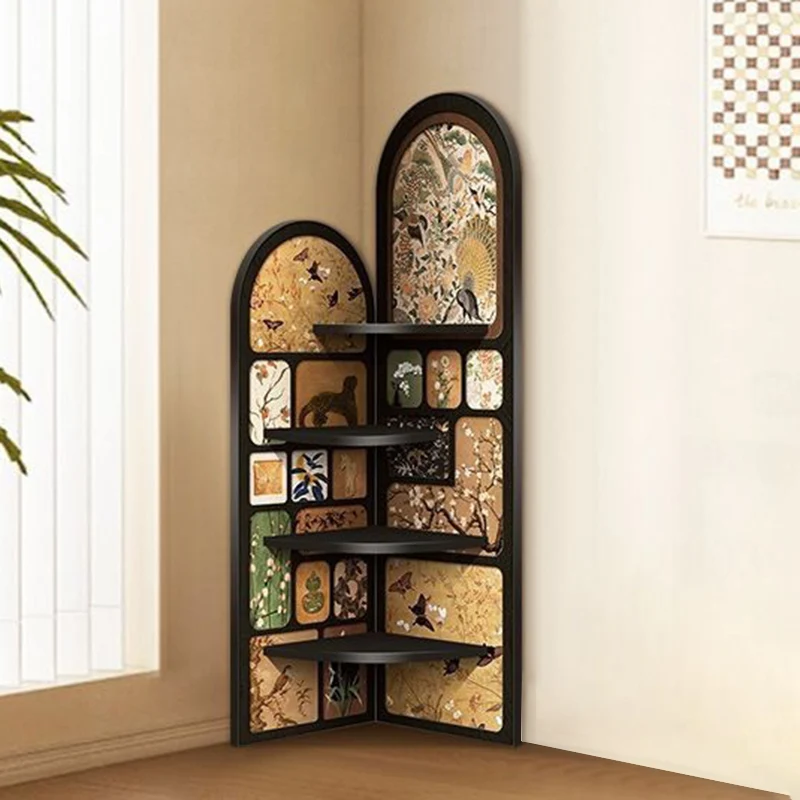 Traditional Chinese Rounded Corner Design Crystal-Finish Surface MDF Corner Shelf Unit 4-Tier For Living Room