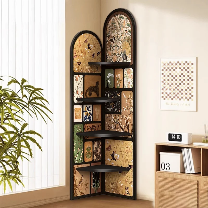 Traditional Chinese Rounded Corner Design Crystal-Finish Surface MDF Corner Shelf Unit 4-Tier For Living Room