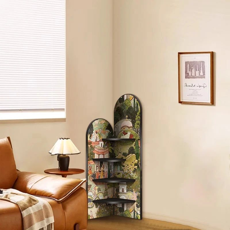 Traditional Chinese Rounded Corner Design Crystal-Finish Surface MDF Corner Shelf Unit 4-Tier For Living Room
