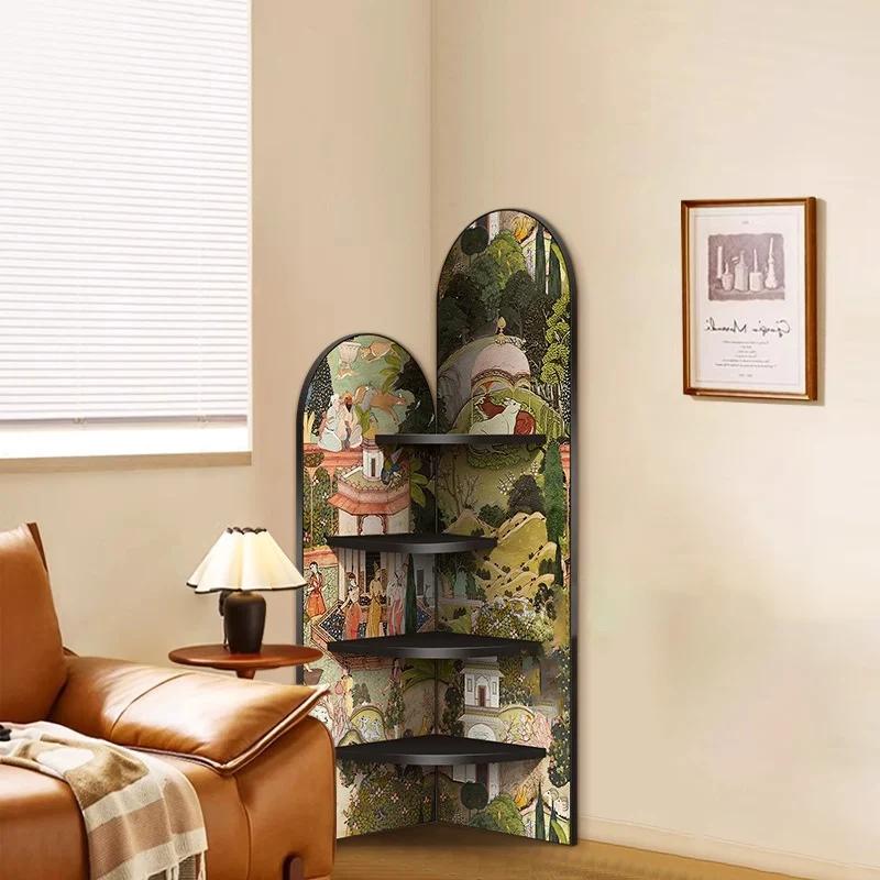 Traditional Chinese Rounded Corner Design Crystal-Finish Surface MDF Corner Shelf Unit 4-Tier For Living Room