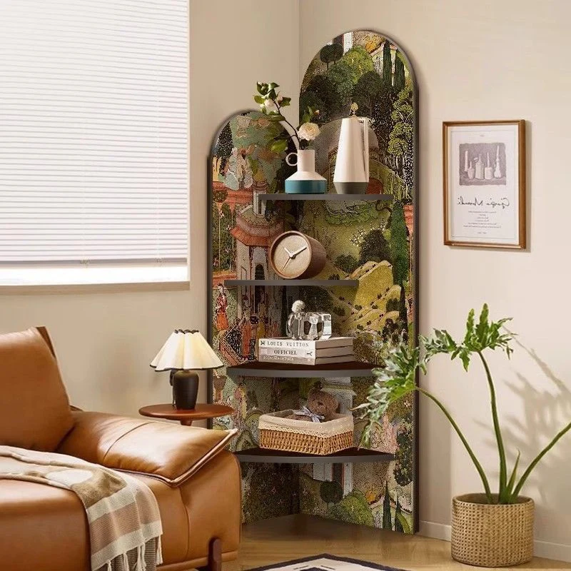 Traditional Chinese Rounded Corner Design Crystal-Finish Surface MDF Corner Shelf Unit 4-Tier For Living Room