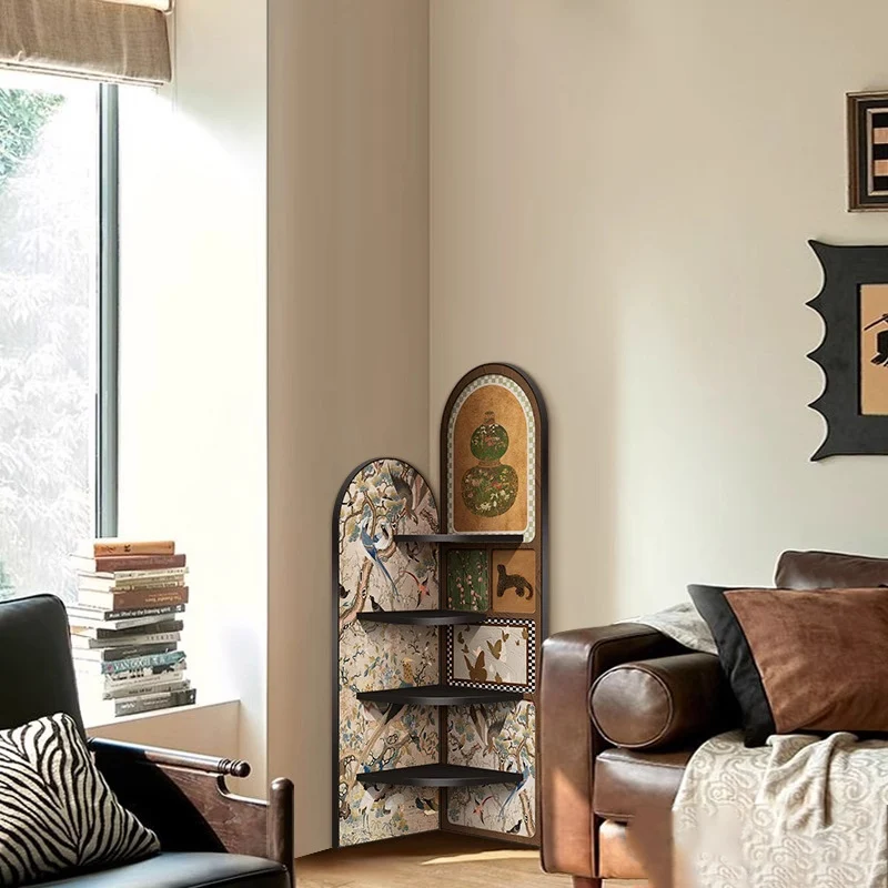 Traditional Chinese Rounded Corner Design Crystal-Finish Surface MDF Corner Shelf Unit 4-Tier For Living Room