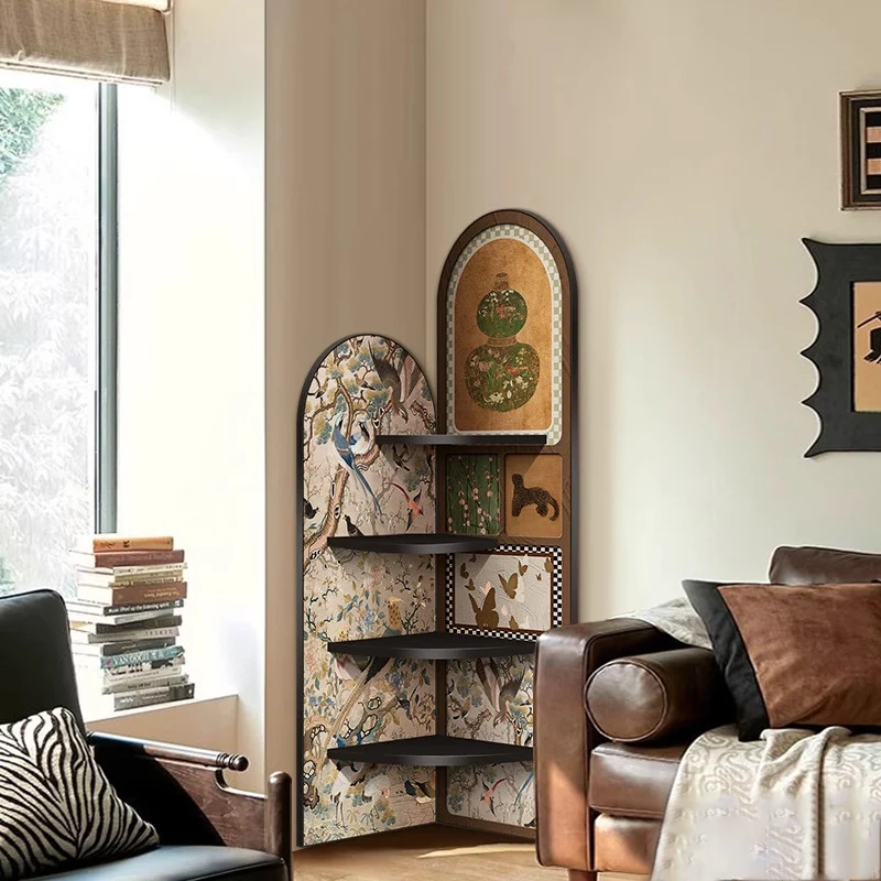 Traditional Chinese Rounded Corner Design Crystal-Finish Surface MDF Corner Shelf Unit 4-Tier For Living Room