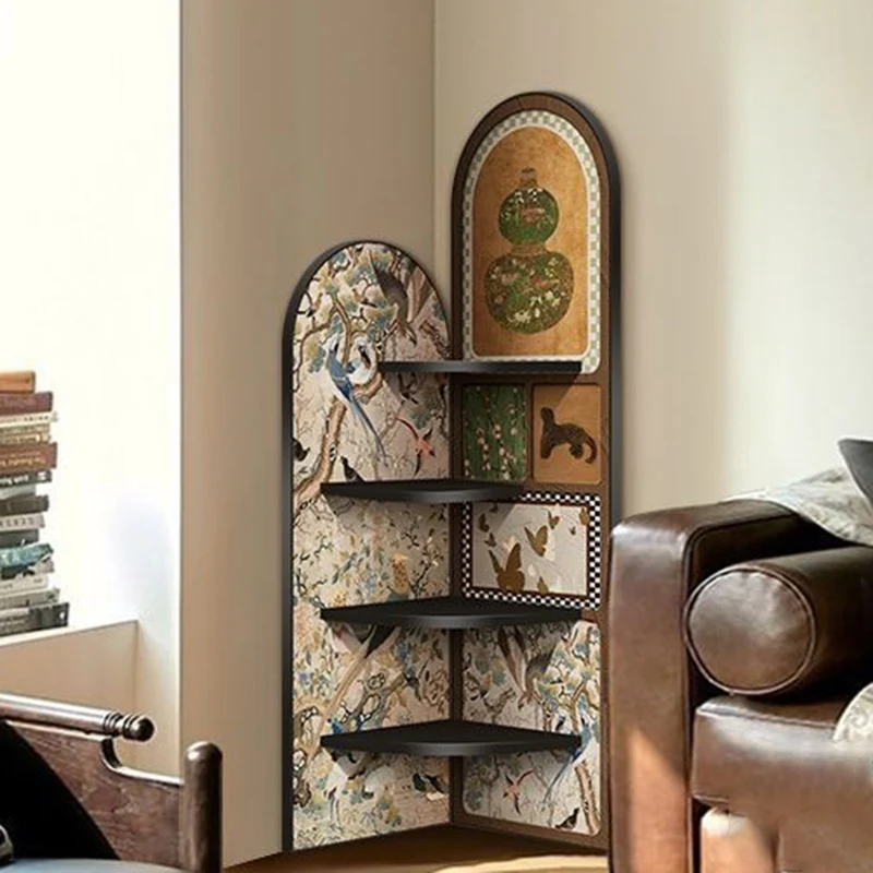 Traditional Chinese Rounded Corner Design Crystal-Finish Surface MDF Corner Shelf Unit 4-Tier For Living Room