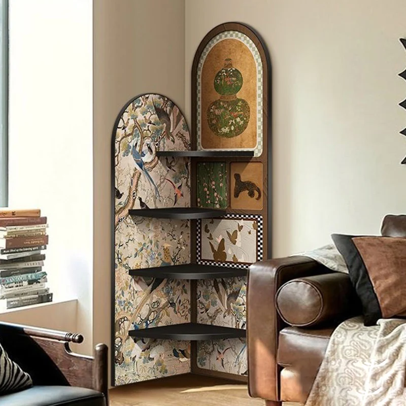 Traditional Chinese Rounded Corner Design Crystal-Finish Surface MDF Corner Shelf Unit 4-Tier For Living Room