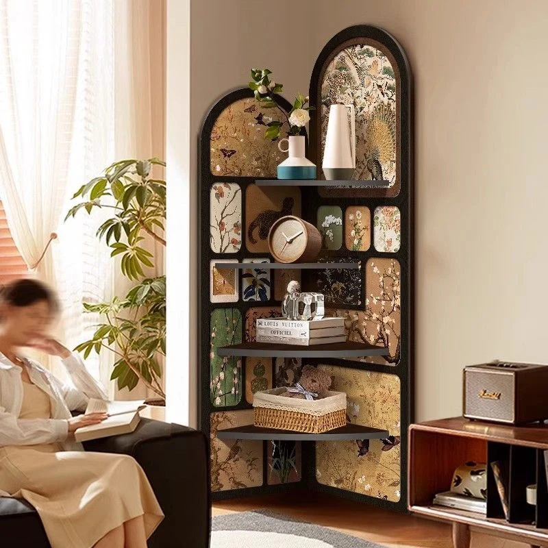 Traditional Chinese Rounded Corner Design Crystal-Finish Surface MDF Corner Shelf Unit 4-Tier For Living Room