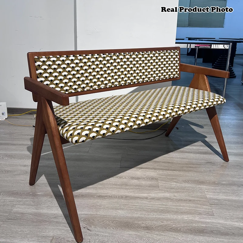 Traditional Rustic Rectangular Ash Wood Plywood Fabric Sponge Bench Backrest Armrest For Living Room