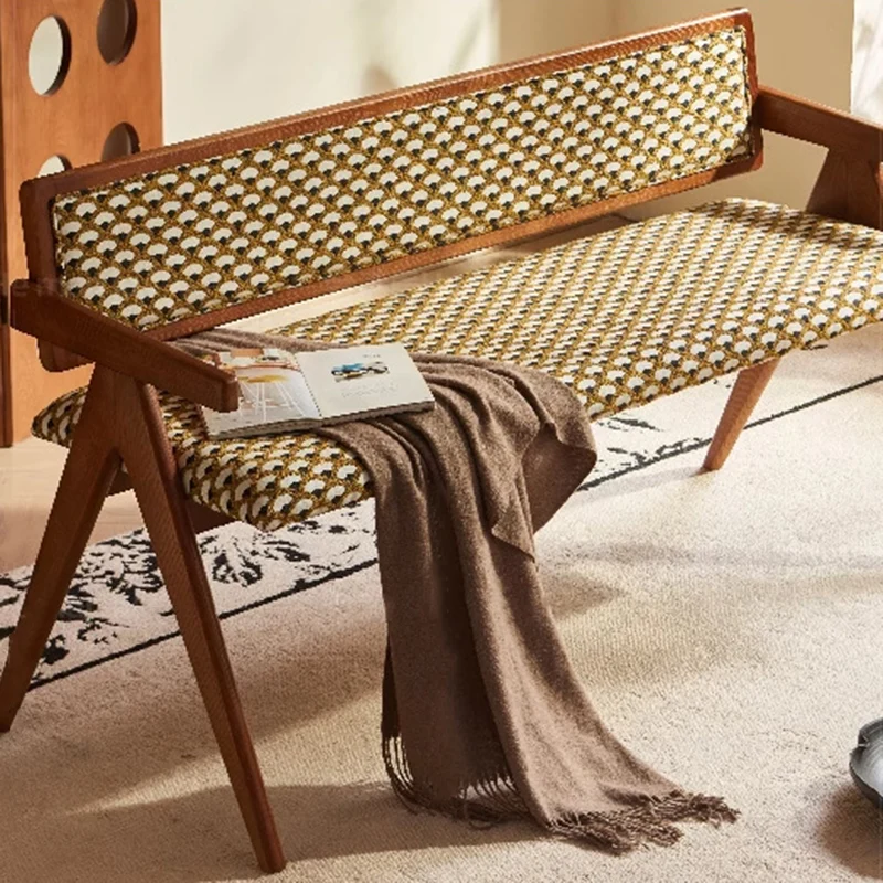Traditional Rustic Rectangular Ash Wood Plywood Fabric Sponge Bench Backrest Armrest For Living Room