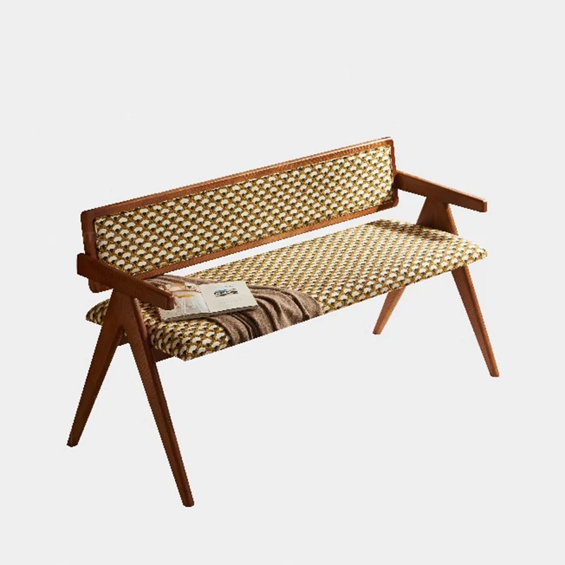 Traditional Rustic Rectangular Ash Wood Plywood Fabric Sponge Bench Backrest Armrest For Living Room