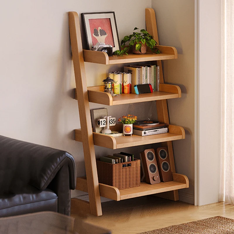 Modern Minimalist Trapezoid Rubberwood Solid Wood Sandwich Panel Floor-Standing Bookshelf 4/5-Shelf For Study