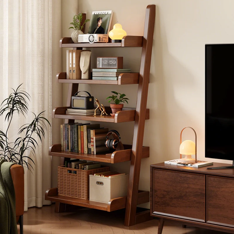 Modern Minimalist Trapezoid Rubberwood Solid Wood Sandwich Panel Floor-Standing Bookshelf 4/5-Shelf For Study