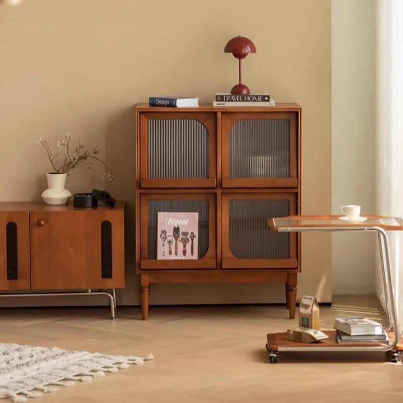 Traditional Vintage Wood & Glass Rectangular Console Table With 4-Cabinet Storage For Entryway & Living Room