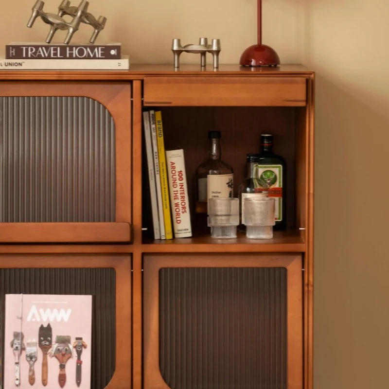 Traditional Vintage Wood & Glass Rectangular Console Table With 4-Cabinet Storage For Entryway & Living Room