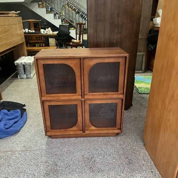 Traditional Vintage Wood & Glass Rectangular Console Table With 4-Cabinet Storage For Entryway & Living Room