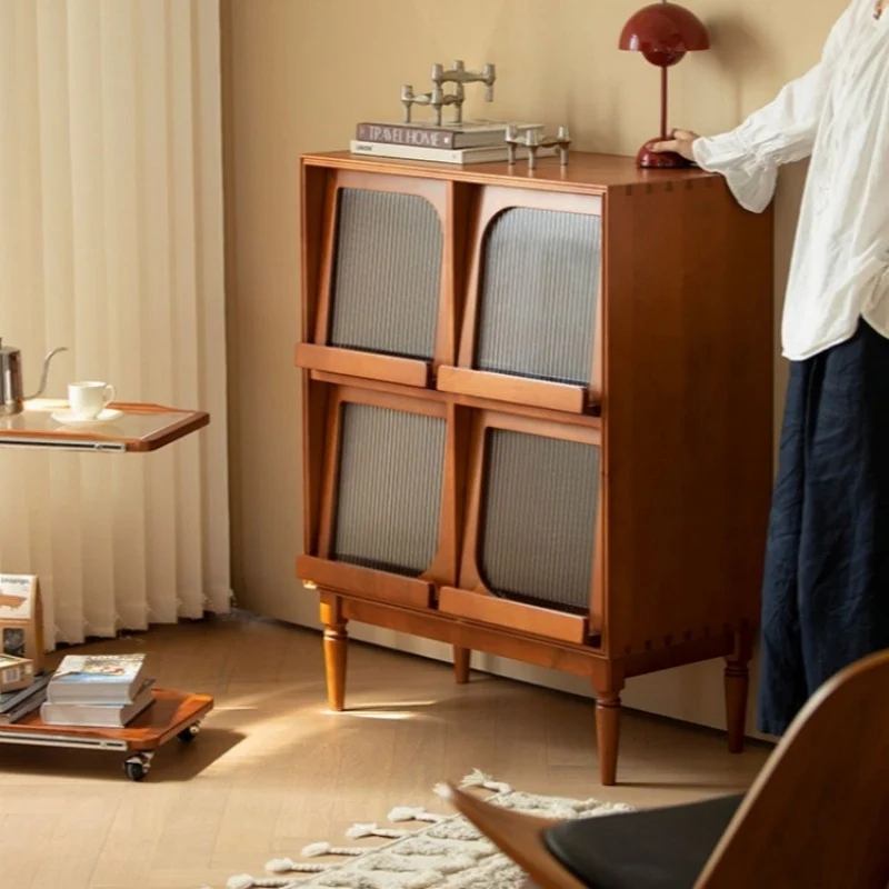 Traditional Vintage Wood & Glass Rectangular Console Table With 4-Cabinet Storage For Entryway & Living Room