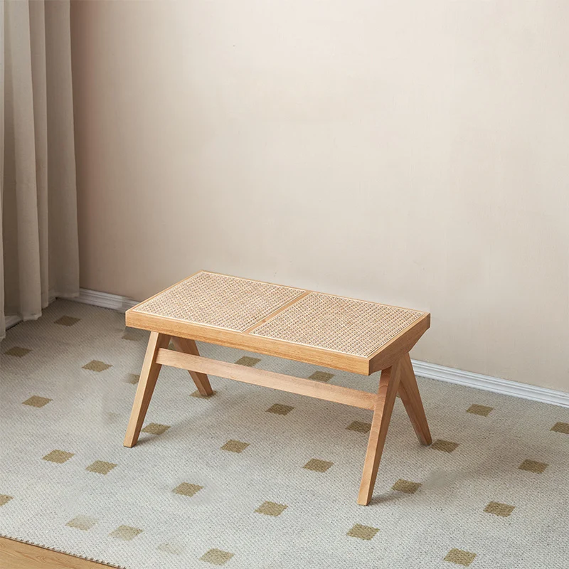 Traditional Japanese Rubber Wood And Faux Rattan Rectangular V-Leg Bench With Handwoven Seat For Entryway And Living Room