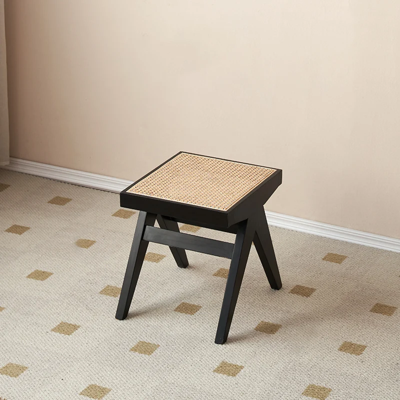 Traditional Japanese Rubber Wood And Faux Rattan Rectangular V-Leg Bench With Handwoven Seat For Entryway And Living Room