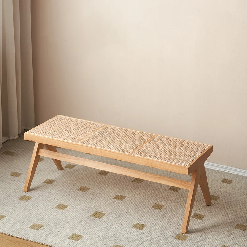 Traditional Japanese Rubber Wood And Faux Rattan Rectangular V-Leg Bench With Handwoven Seat For Entryway And Living Room