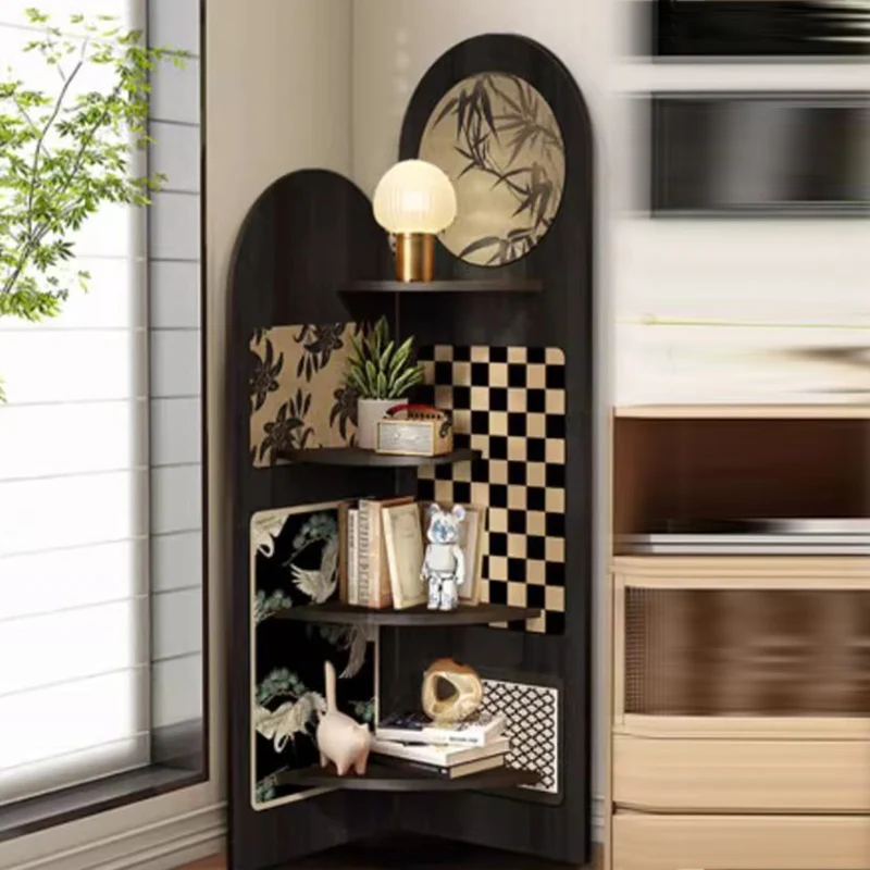 Traditional Chinese Double-Arched Shape MDF Corner Shelf Unit 4-Tier For Living Room