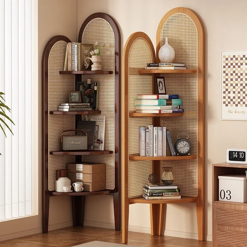Traditional Chinese Fan-shaped Curved Nan Bamboo Rattan Weaving Corner Shelf Unit 4-Tier For Living Room