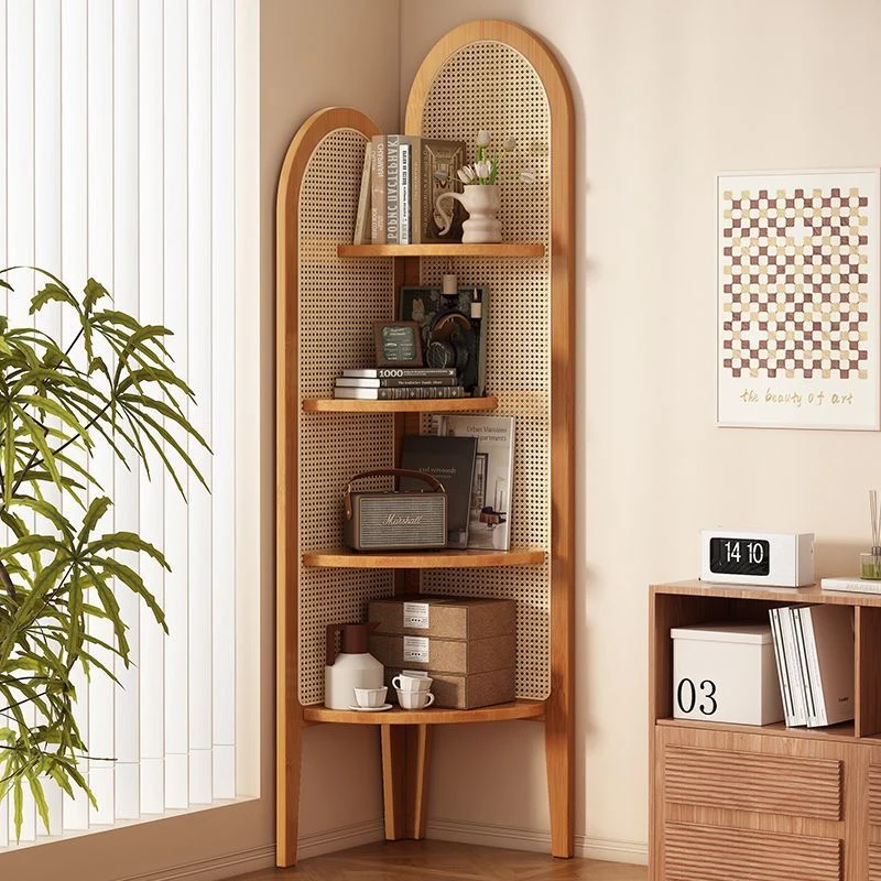 Traditional Chinese Fan-shaped Curved Nan Bamboo Rattan Weaving Corner Shelf Unit 4-Tier For Living Room