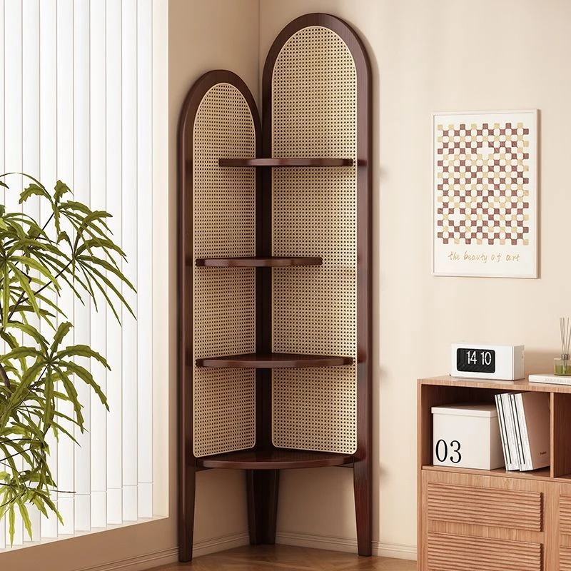 Traditional Chinese Fan-shaped Curved Nan Bamboo Rattan Weaving Corner Shelf Unit 4-Tier For Living Room