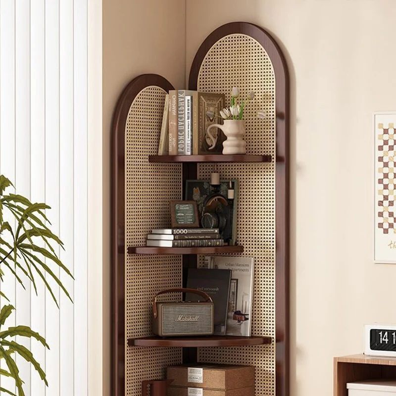 Traditional Chinese Fan-shaped Curved Nan Bamboo Rattan Weaving Corner Shelf Unit 4-Tier For Living Room