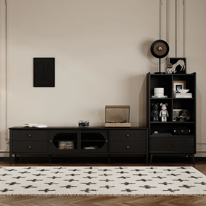 Contemporary Nordic Rectangular Solid Wood Black Display Rack 1-Drawer For Living Room
