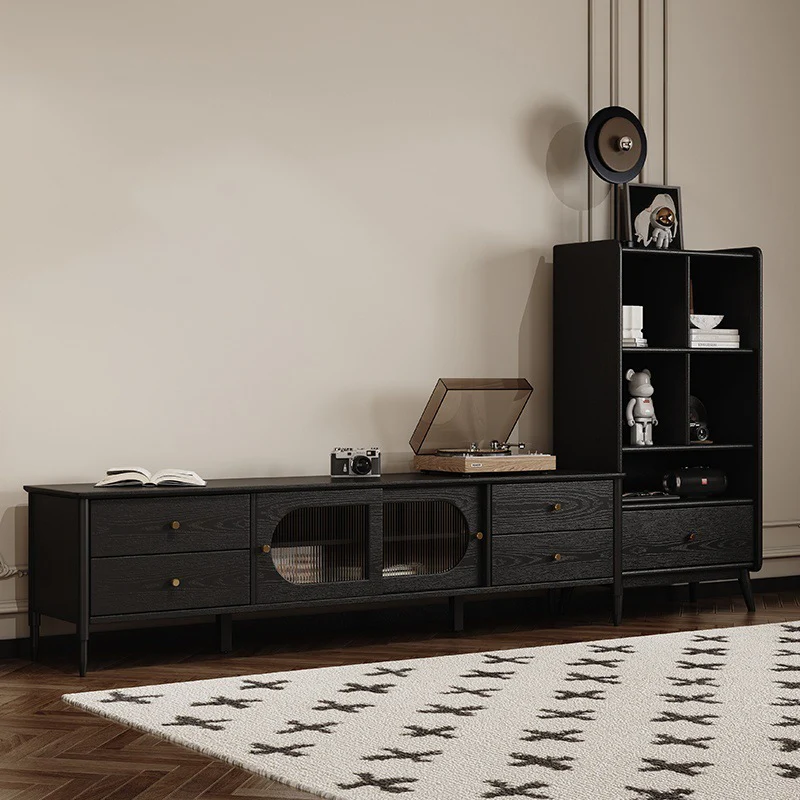 Contemporary Nordic Rectangular Solid Wood Black Display Rack 1-Drawer For Living Room