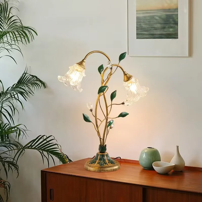 Traditional Vintage Double-Headed Flower Vine Iron Crystal Glass 2-Light Table Lamp For Bedroom
