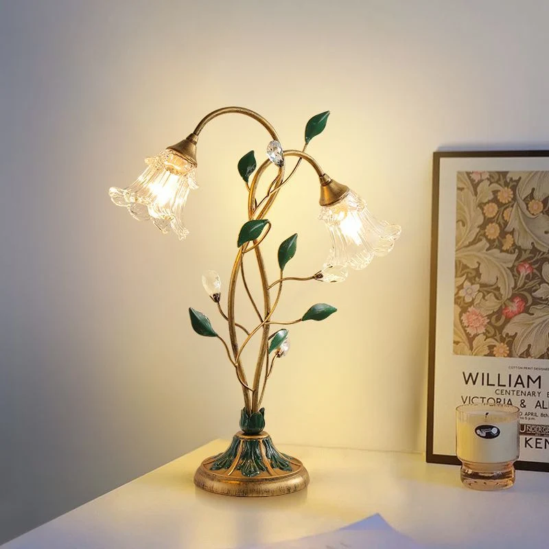 Traditional Vintage Double-Headed Flower Vine Iron Crystal Glass 2-Light Table Lamp For Bedroom