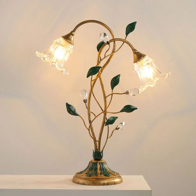 Traditional Vintage Double-Headed Flower Vine Iron Crystal Glass 2-Light Table Lamp For Bedroom