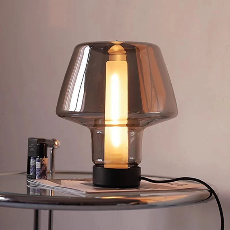 Modern Minimalist Mushroom Trapezoid Hardware Glass 1-Light Table Lamp For Bedroom