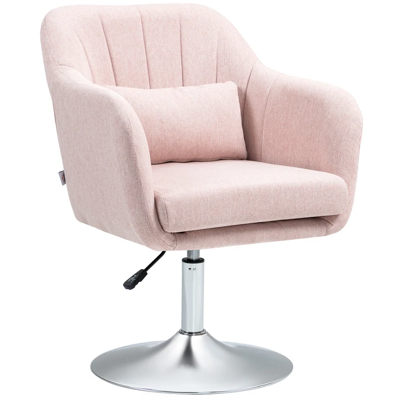 Cadeirão Giratório 360° para Sala de Estar com Altura Ajustável, Encosto Envolvente, Apoios de Braços e Almofada, 60x60x79-91 cm, Rosa