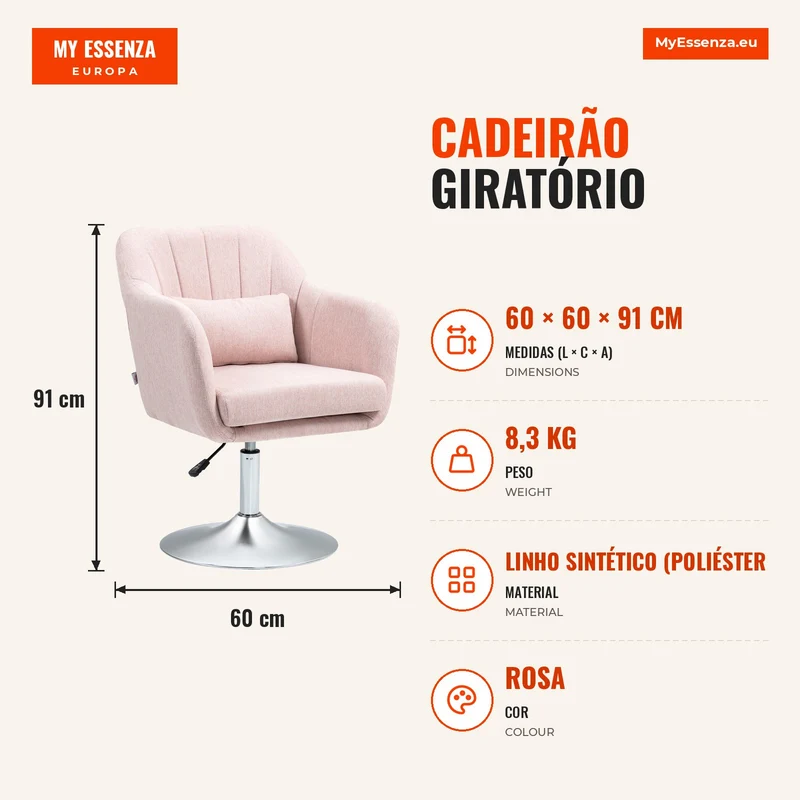 Cadeirão Giratório 360° para Sala de Estar com Altura Ajustável, Encosto Envolvente, Apoios de Braços e Almofada, 60x60x79-91 cm, Rosa