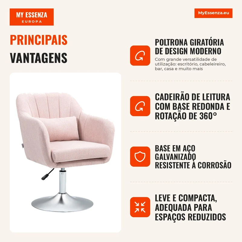 Cadeirão Giratório 360° para Sala de Estar com Altura Ajustável, Encosto Envolvente, Apoios de Braços e Almofada, 60x60x79-91 cm, Rosa
