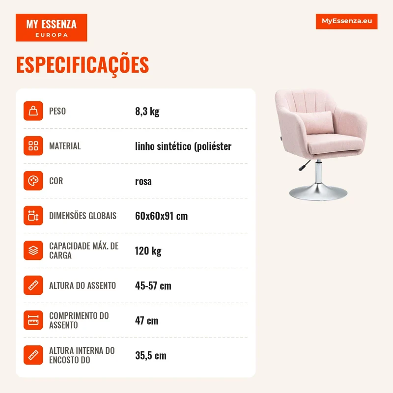 Cadeirão Giratório 360° para Sala de Estar com Altura Ajustável, Encosto Envolvente, Apoios de Braços e Almofada, 60x60x79-91 cm, Rosa