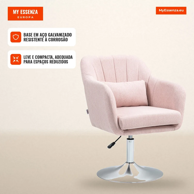 Cadeirão Giratório 360° para Sala de Estar com Altura Ajustável, Encosto Envolvente, Apoios de Braços e Almofada, 60x60x79-91 cm, Rosa