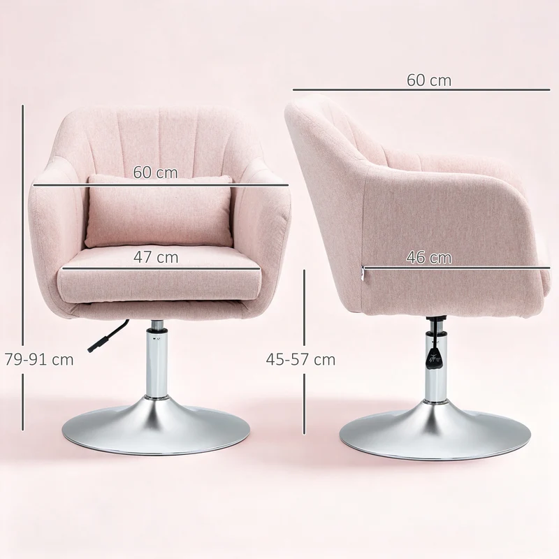 Cadeirão Giratório 360° para Sala de Estar com Altura Ajustável, Encosto Envolvente, Apoios de Braços e Almofada, 60x60x79-91 cm, Rosa