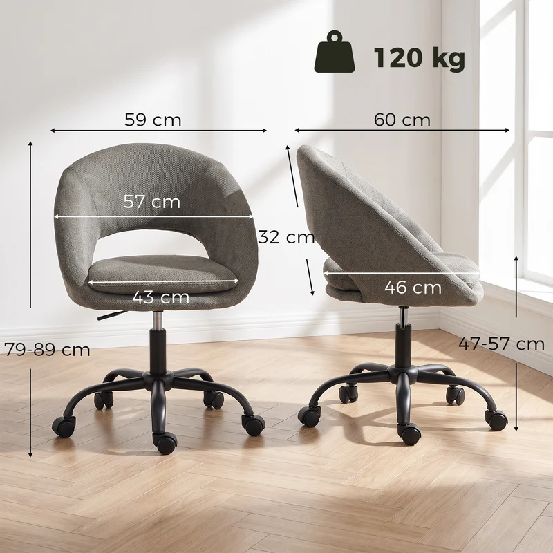 Cadeira de Escritório Ergonômica em Chenille Altura Ajustável Apoios de Braço Integrados Giratória 360° 59x60x79-89 cm Verde Escuro
