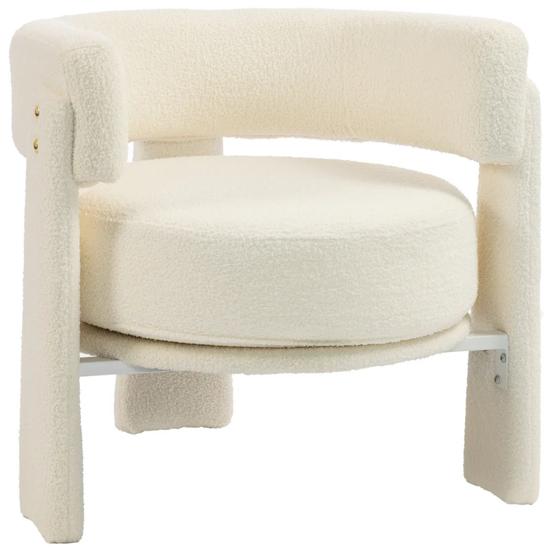 Poltrona em Tecido Bouclé com Almofada Lombar Assento Profundo Acolchoado e Braços Branco-Creme