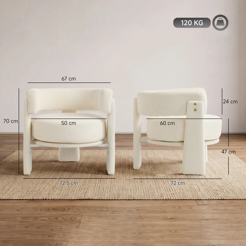 Poltrona em Tecido Bouclé com Almofada Lombar Assento Profundo Acolchoado e Braços Branco-Creme