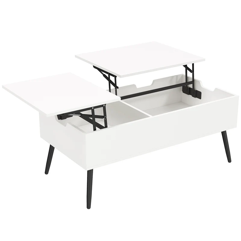 Mesa de Centro Elevatória com Tampo Duplo e Compartimento Oculto, Branco para Sala de Estar