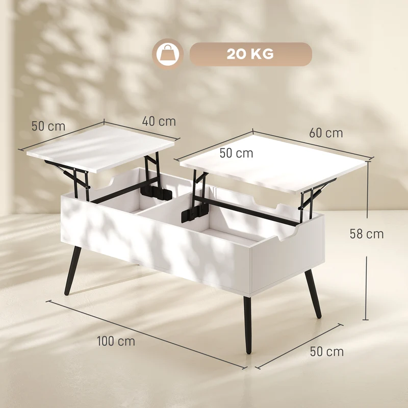 Mesa de Centro Elevatória com Tampo Duplo e Compartimento Oculto, Branco para Sala de Estar
